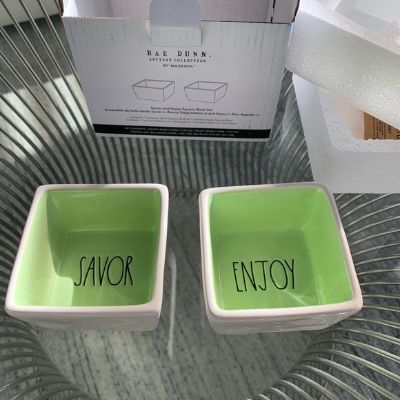 Bundle 3/$25 Rae Dunn Savor & Enjoy square snack bowls. White w/ green interior. - Picture 1 of 3